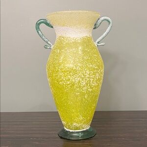 Hand-Blown Yellow Glass Urn Vase with Green Handles